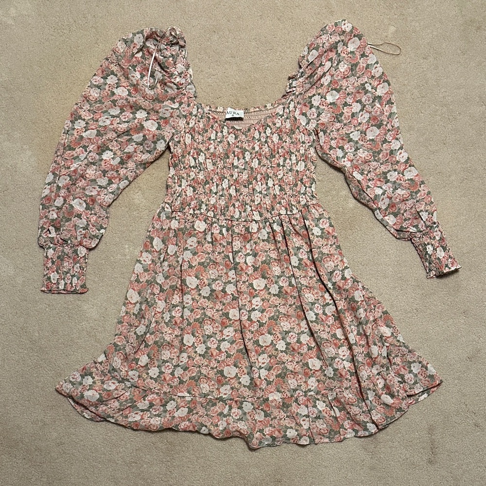 Aura Pink Floral Dress with Puff Sleeves